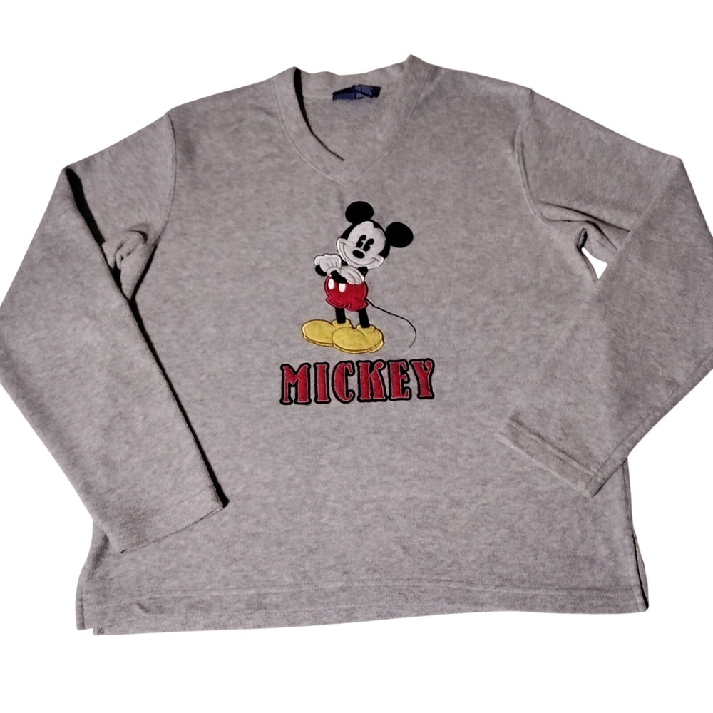 Disney Mickey Mouse Fleece Pullover Gray V-Neck Embroidered Top Large